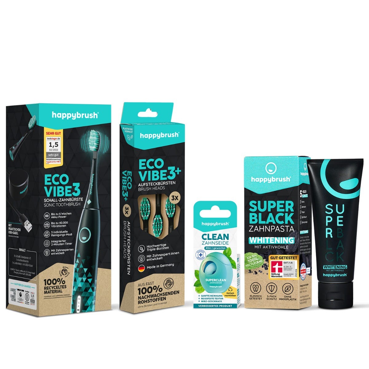 Happybrush ECO Vibe 3 Black/Mint Bundle mit Zahnpflege