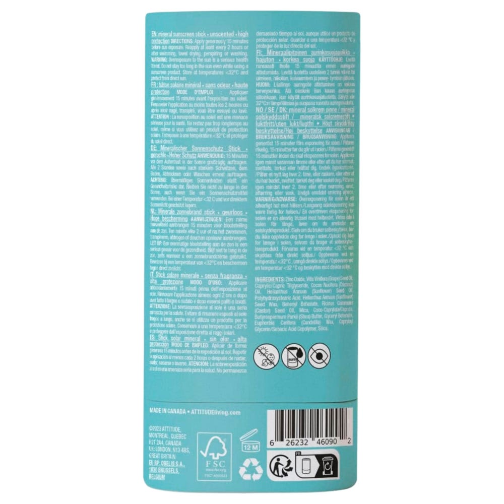 Attitude – Clean Beauty Sunly Sunscreen Stick SPF 30 Unscented 60 g