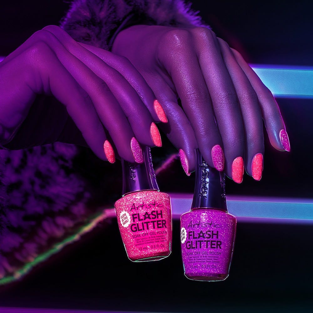 Artistic Nail Design Flash Glitter Glow In The Dark Kit - Pink & Purple 30 ml